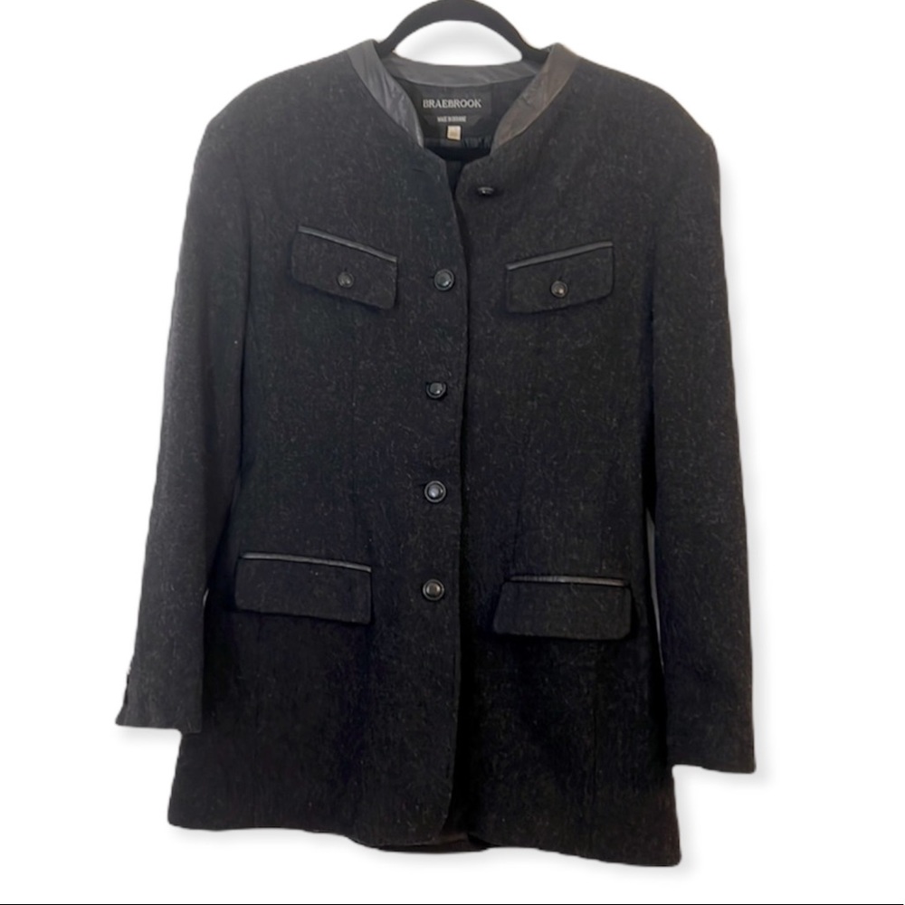 Vintage BRAEBROOK 💯 wool jacket with leather trim black fleck button down